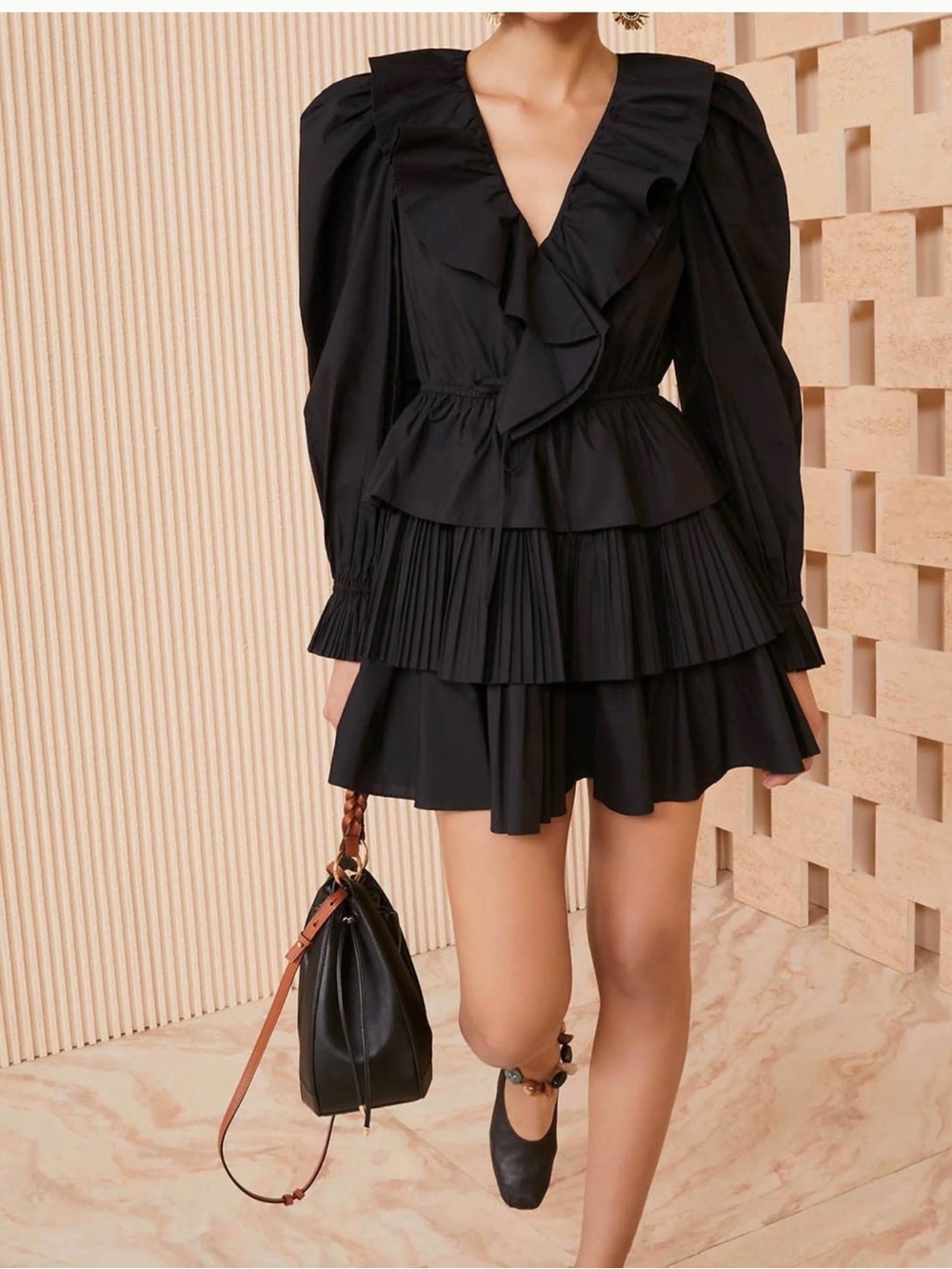 Ulla Johnson Black Ruffle-Tiered V-Neck Mini Dress
